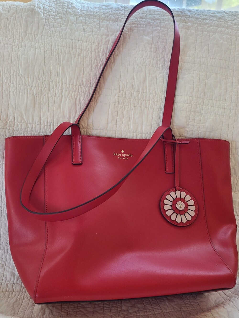 kate spade Red Leather Tote with Floral Charm